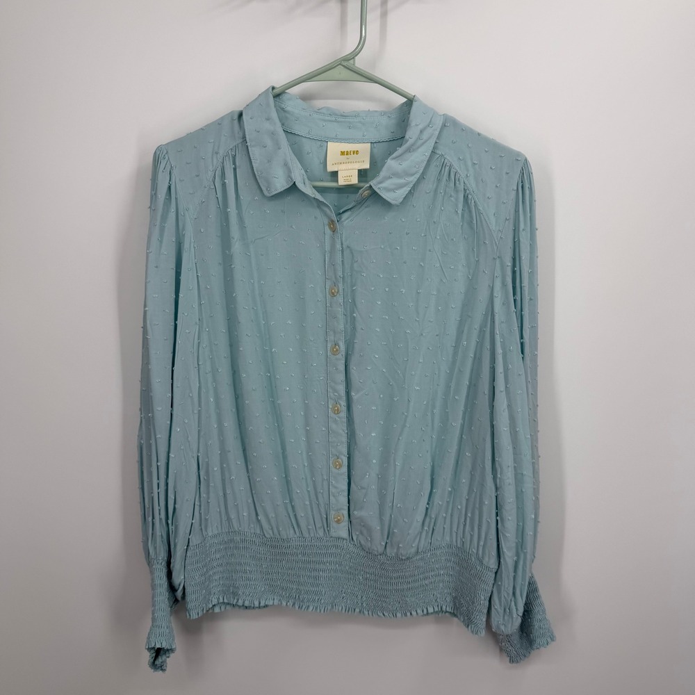 Maeve Anthropologie Blouse Womens Large Blue Swiss Dot Smocked Long Sleeve
